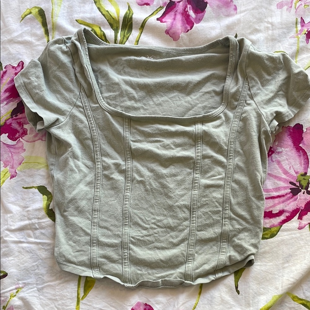 Hollister Green Fitted Crop Top Short Sleeve Blouse